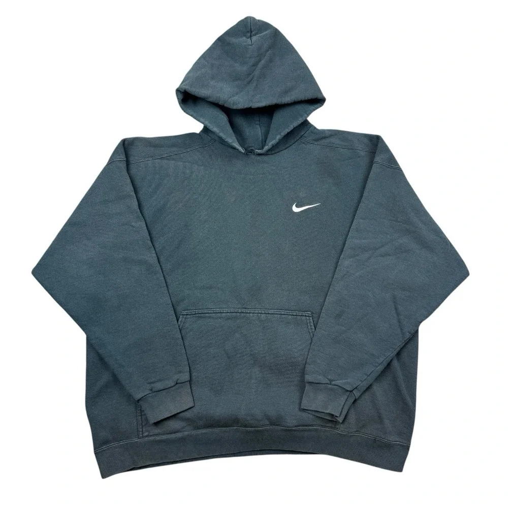 Vintage 90s Nike Hoodie Men‎ XL Black Made In USA Sun Faded Swoosh Boxy Fit